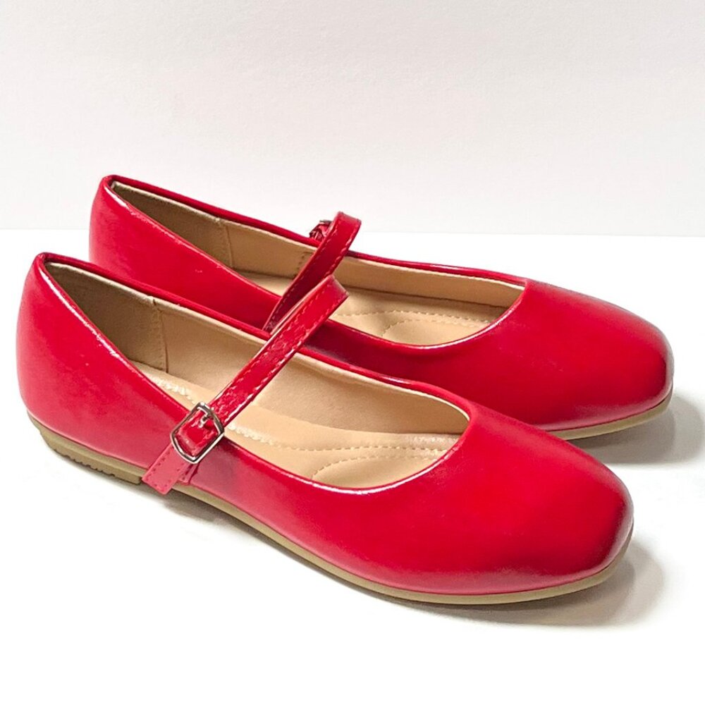 New Womens Red Square Toe Mary Jane Ballet Flats